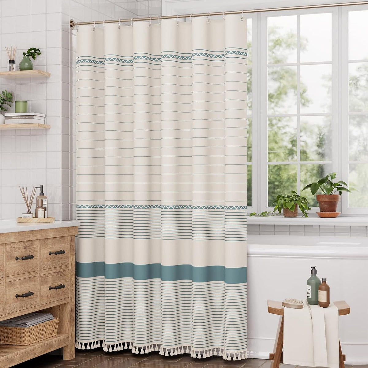 Boho Shower Curtain, Modern Farmhouse Shower Curtain Set with Tassels, Rustic Faux Linen Green Striped Shower Curtain with Hooks, Light Tan Toned, 72x72 Inches