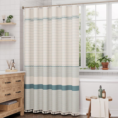 Boho Shower Curtain, Modern Farmhouse Shower Curtain Set with Tassels, Rustic Faux Linen Green Striped Shower Curtain with Hooks, Light Tan Toned, 72x72 Inches