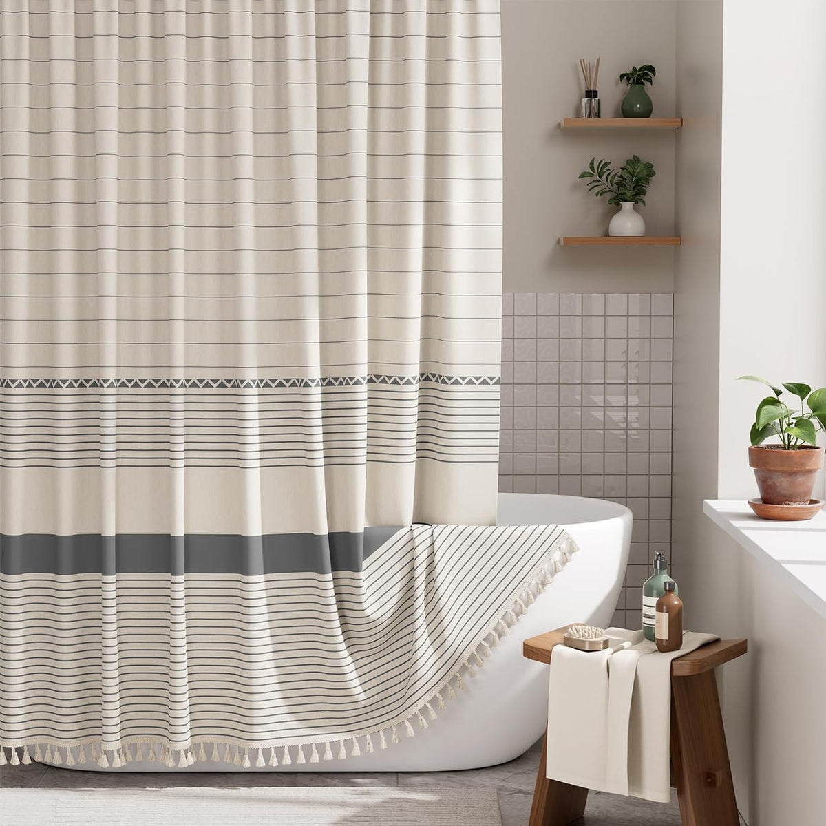 Boho Shower Curtain, Modern Farmhouse Shower Curtain Set with Tassels, Rustic Faux Linen Green Striped Shower Curtain with Hooks, Light Tan Toned, 72x72 Inches