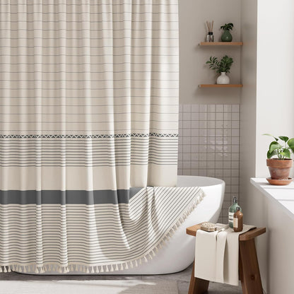 Boho Shower Curtain, Modern Farmhouse Shower Curtain Set with Tassels, Rustic Faux Linen Green Striped Shower Curtain with Hooks, Light Tan Toned, 72x72 Inches