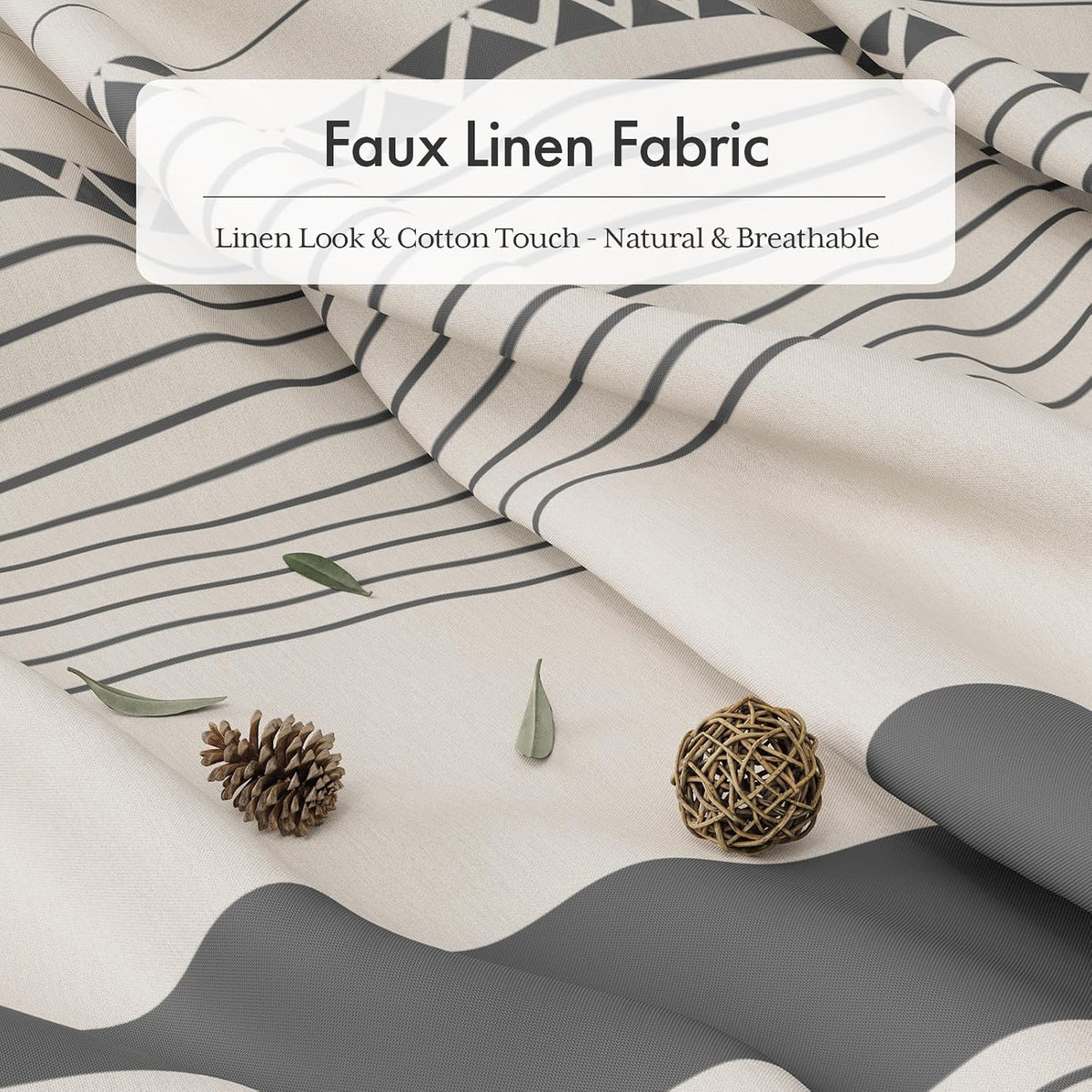 Boho Shower Curtain, Modern Farmhouse Shower Curtain Set with Tassels, Rustic Faux Linen Green Striped Shower Curtain with Hooks, Light Tan Toned, 72x72 Inches