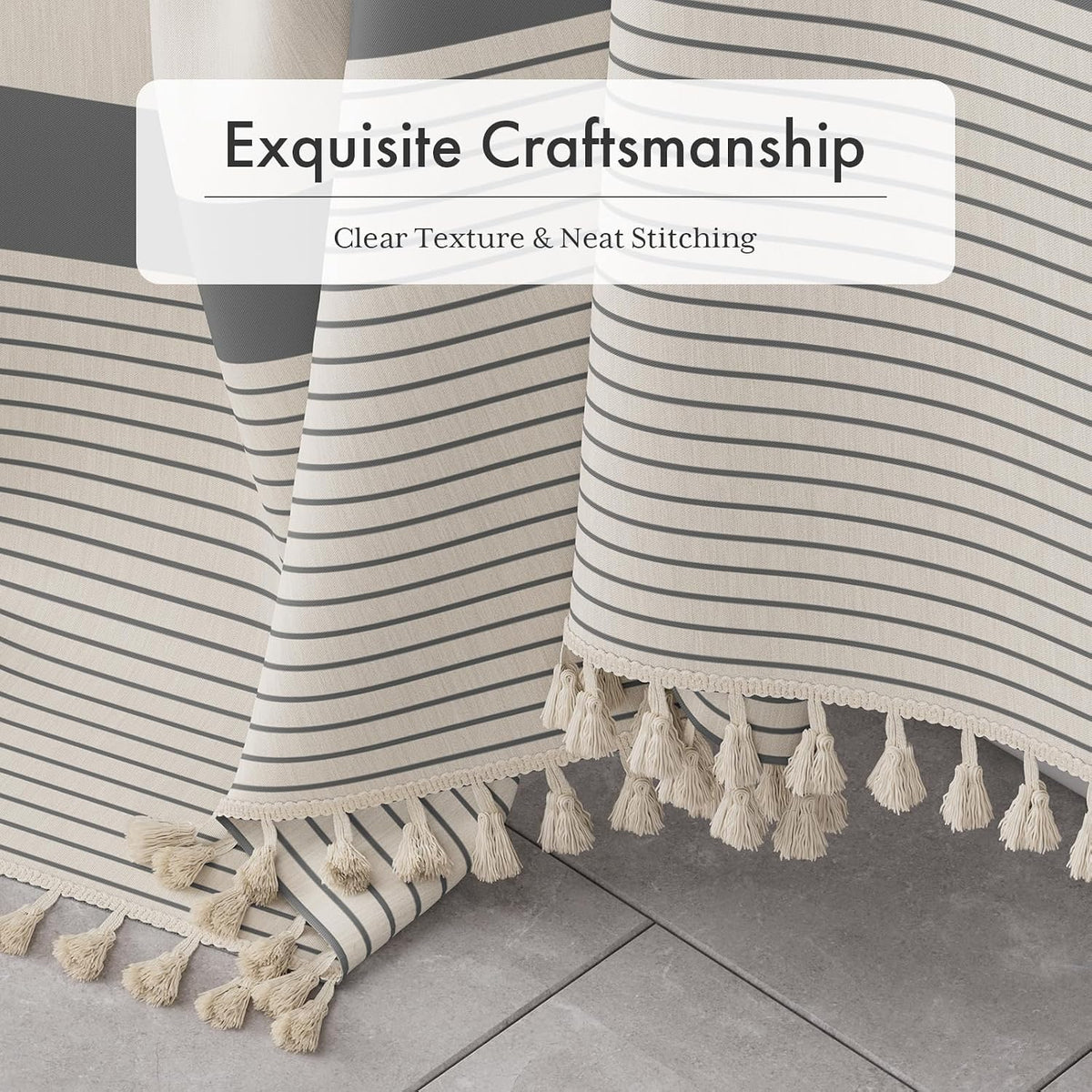 Boho Shower Curtain, Modern Farmhouse Shower Curtain Set with Tassels, Rustic Faux Linen Green Striped Shower Curtain with Hooks, Light Tan Toned, 72x72 Inches
