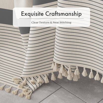 Boho Shower Curtain, Modern Farmhouse Shower Curtain Set with Tassels, Rustic Faux Linen Green Striped Shower Curtain with Hooks, Light Tan Toned, 72x72 Inches