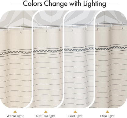 Boho Shower Curtain, Modern Farmhouse Shower Curtain Set with Tassels, Rustic Faux Linen Green Striped Shower Curtain with Hooks, Light Tan Toned, 72x72 Inches