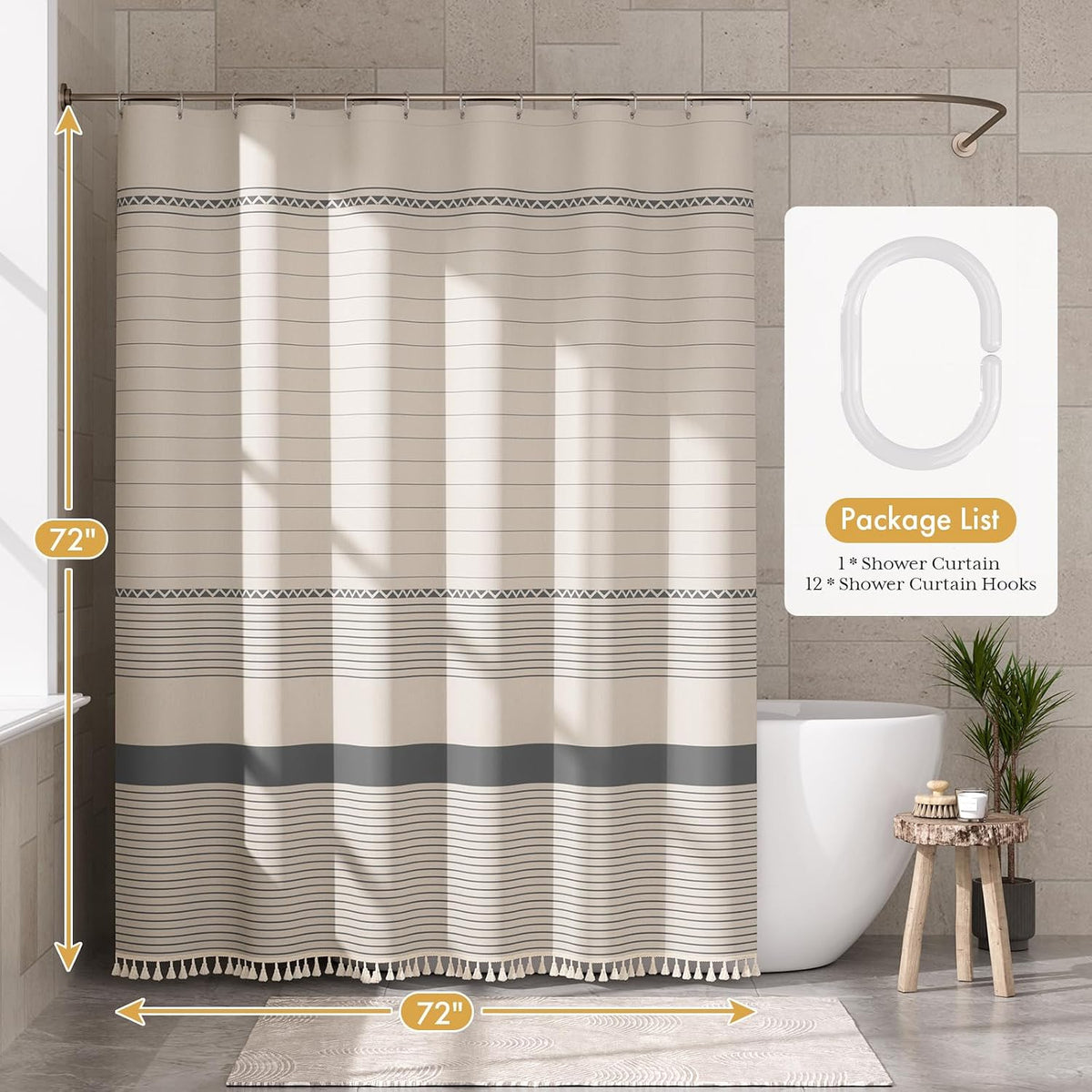 Boho Shower Curtain, Modern Farmhouse Shower Curtain Set with Tassels, Rustic Faux Linen Green Striped Shower Curtain with Hooks, Light Tan Toned, 72x72 Inches