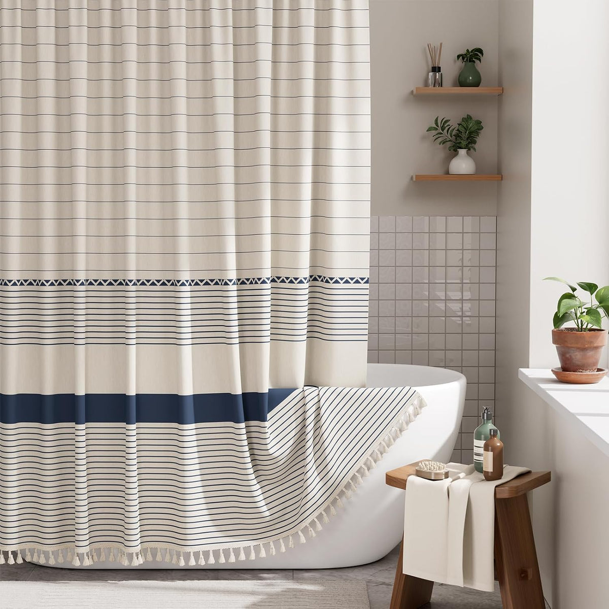 Boho Shower Curtain, Modern Farmhouse Shower Curtain Set with Tassels, Rustic Faux Linen Green Striped Shower Curtain with Hooks, Light Tan Toned, 72x72 Inches