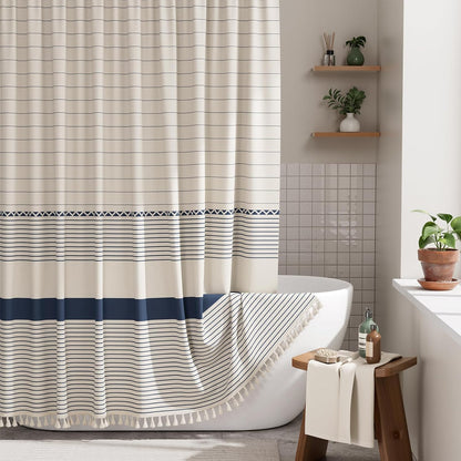 Boho Shower Curtain, Modern Farmhouse Shower Curtain Set with Tassels, Rustic Faux Linen Green Striped Shower Curtain with Hooks, Light Tan Toned, 72x72 Inches