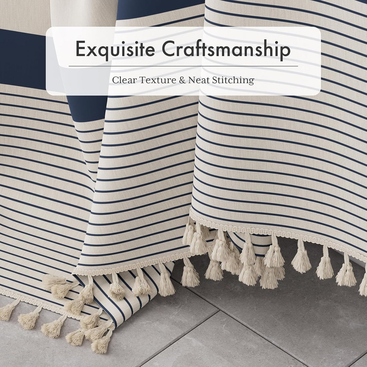 Boho Shower Curtain, Modern Farmhouse Shower Curtain Set with Tassels, Rustic Faux Linen Green Striped Shower Curtain with Hooks, Light Tan Toned, 72x72 Inches