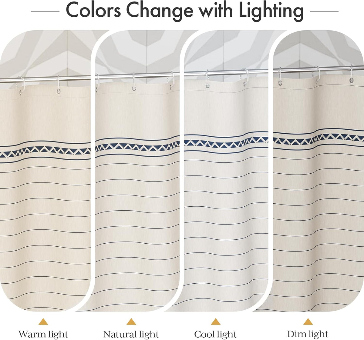 Boho Shower Curtain, Modern Farmhouse Shower Curtain Set with Tassels, Rustic Faux Linen Green Striped Shower Curtain with Hooks, Light Tan Toned, 72x72 Inches