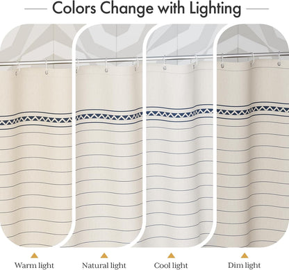 Boho Shower Curtain, Modern Farmhouse Shower Curtain Set with Tassels, Rustic Faux Linen Green Striped Shower Curtain with Hooks, Light Tan Toned, 72x72 Inches
