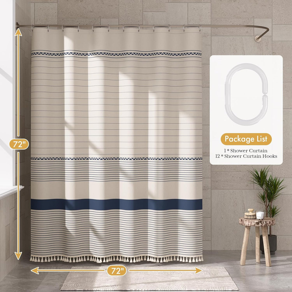Boho Shower Curtain, Modern Farmhouse Shower Curtain Set with Tassels, Rustic Faux Linen Green Striped Shower Curtain with Hooks, Light Tan Toned, 72x72 Inches