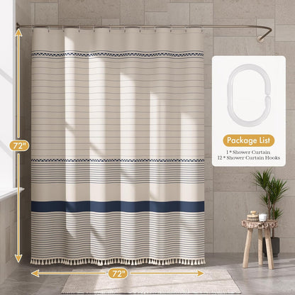 Boho Shower Curtain, Modern Farmhouse Shower Curtain Set with Tassels, Rustic Faux Linen Green Striped Shower Curtain with Hooks, Light Tan Toned, 72x72 Inches