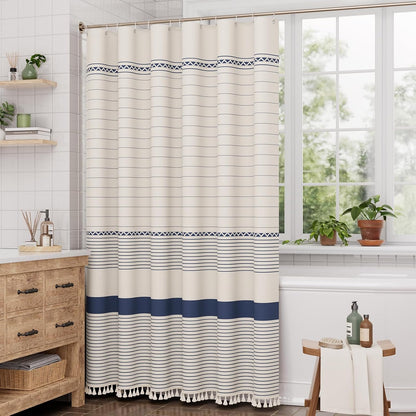 Boho Shower Curtain, Modern Farmhouse Shower Curtain Set with Tassels, Rustic Faux Linen Green Striped Shower Curtain with Hooks, Light Tan Toned, 72x72 Inches