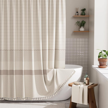 Boho Shower Curtain, Modern Farmhouse Shower Curtain Set with Tassels, Rustic Faux Linen Green Striped Shower Curtain with Hooks, Light Tan Toned, 72x72 Inches