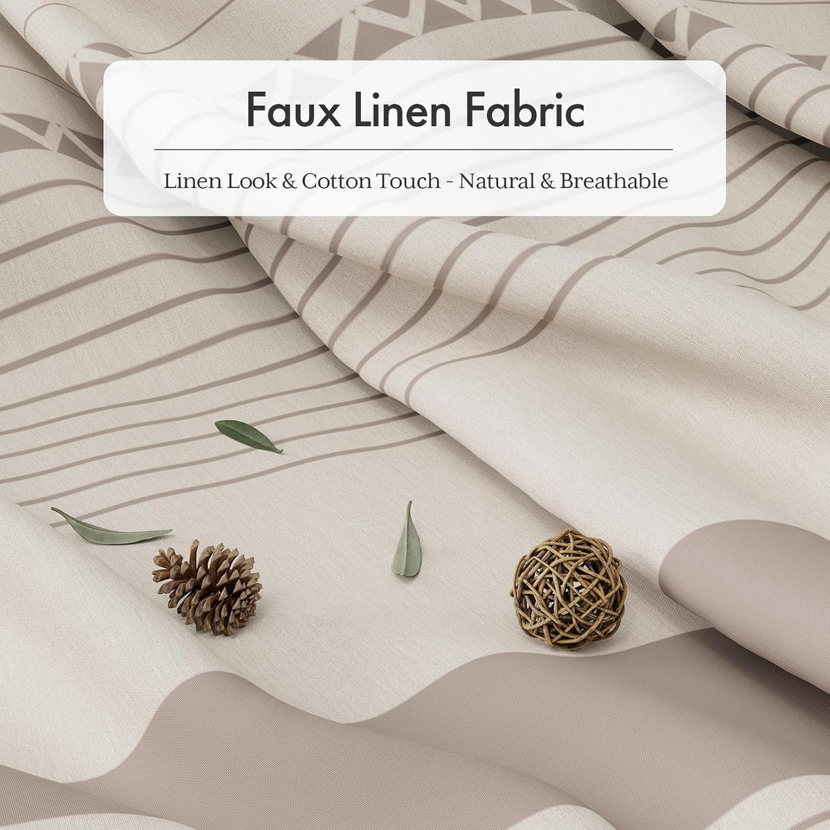 Boho Shower Curtain, Modern Farmhouse Shower Curtain Set with Tassels, Rustic Faux Linen Green Striped Shower Curtain with Hooks, Light Tan Toned, 72x72 Inches