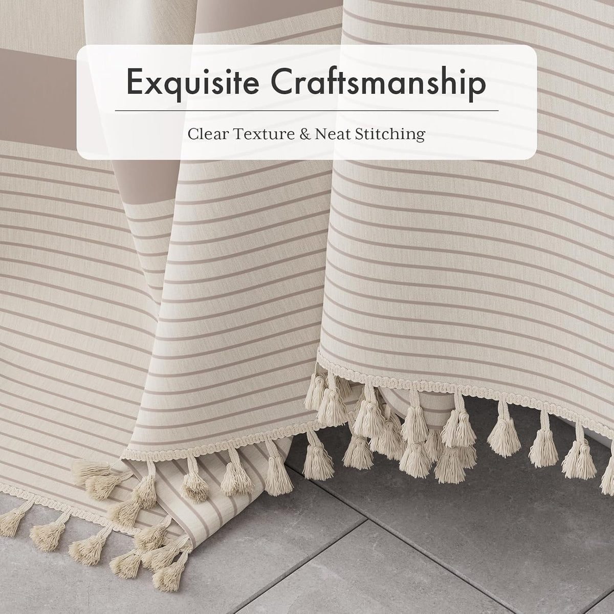Boho Shower Curtain, Modern Farmhouse Shower Curtain Set with Tassels, Rustic Faux Linen Green Striped Shower Curtain with Hooks, Light Tan Toned, 72x72 Inches