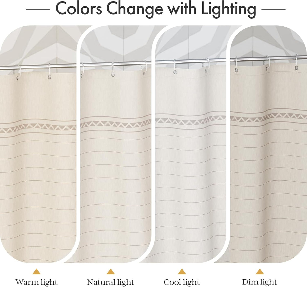 Boho Shower Curtain, Modern Farmhouse Shower Curtain Set with Tassels, Rustic Faux Linen Green Striped Shower Curtain with Hooks, Light Tan Toned, 72x72 Inches
