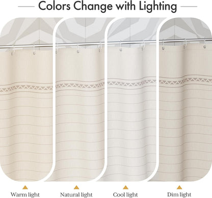 Boho Shower Curtain, Modern Farmhouse Shower Curtain Set with Tassels, Rustic Faux Linen Green Striped Shower Curtain with Hooks, Light Tan Toned, 72x72 Inches