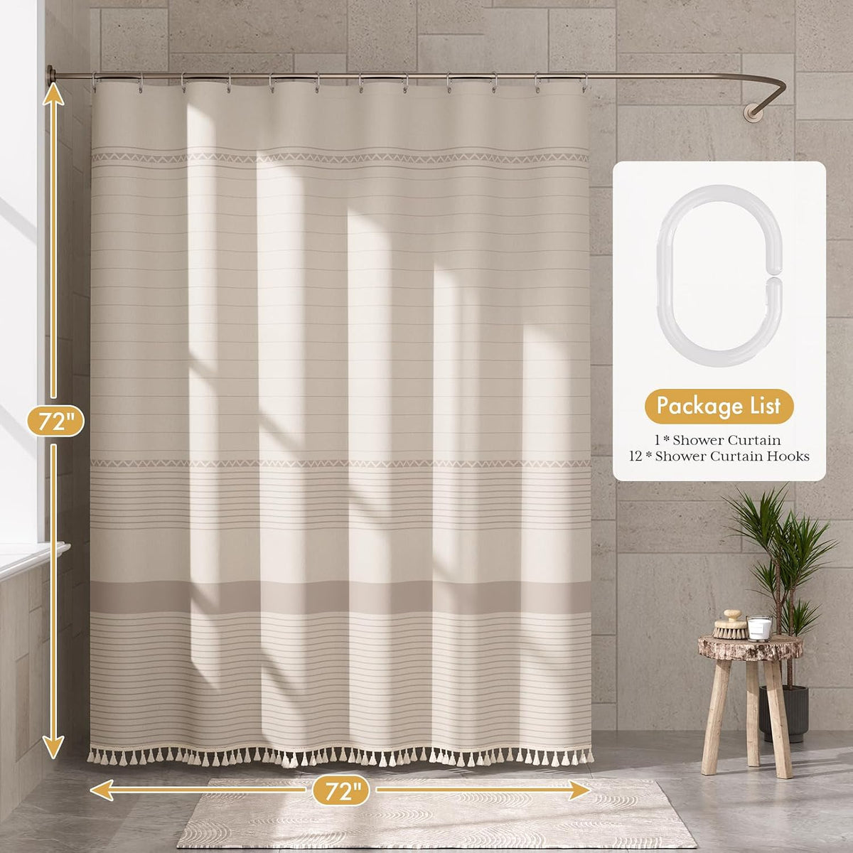 Boho Shower Curtain, Modern Farmhouse Shower Curtain Set with Tassels, Rustic Faux Linen Green Striped Shower Curtain with Hooks, Light Tan Toned, 72x72 Inches