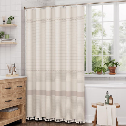Boho Shower Curtain, Modern Farmhouse Shower Curtain Set with Tassels, Rustic Faux Linen Green Striped Shower Curtain with Hooks, Light Tan Toned, 72x72 Inches