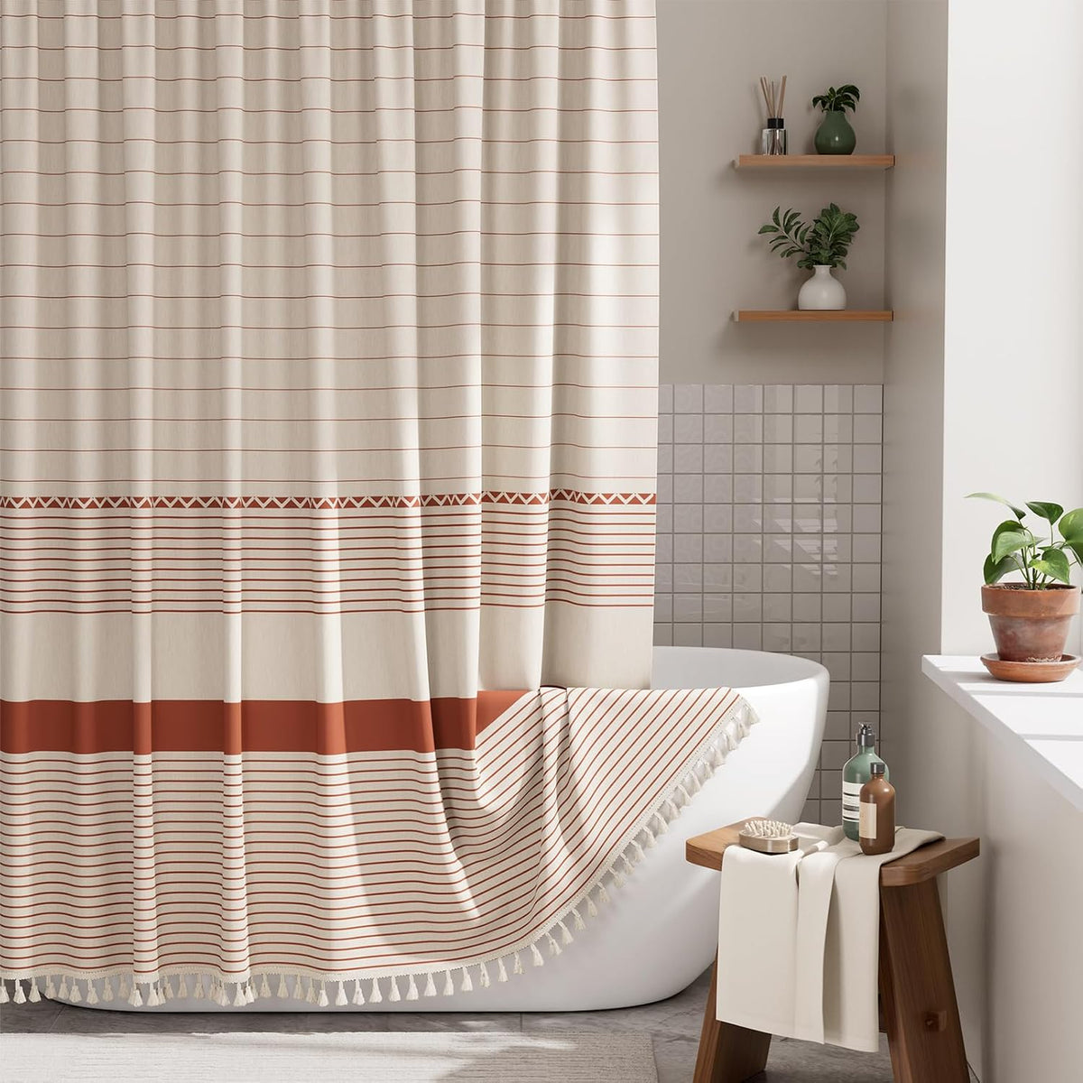 Boho Shower Curtain, Modern Farmhouse Shower Curtain Set with Tassels, Rustic Faux Linen Green Striped Shower Curtain with Hooks, Light Tan Toned, 72x72 Inches