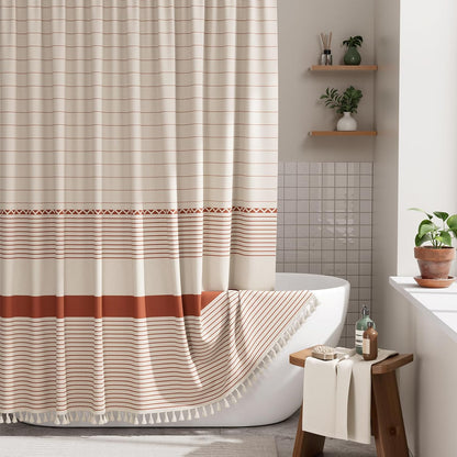 Boho Shower Curtain, Modern Farmhouse Shower Curtain Set with Tassels, Rustic Faux Linen Green Striped Shower Curtain with Hooks, Light Tan Toned, 72x72 Inches