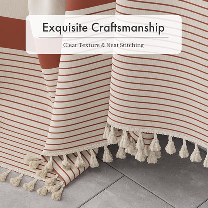 Boho Shower Curtain, Modern Farmhouse Shower Curtain Set with Tassels, Rustic Faux Linen Green Striped Shower Curtain with Hooks, Light Tan Toned, 72x72 Inches