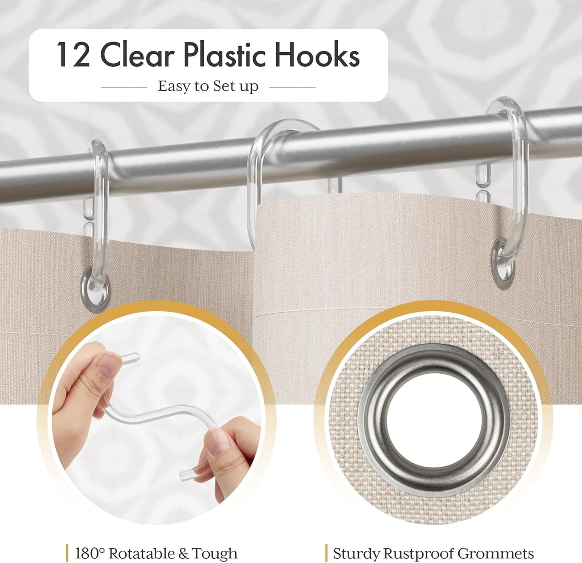 Boho Shower Curtain, Modern Farmhouse Shower Curtain Set with Tassels, Rustic Faux Linen Green Striped Shower Curtain with Hooks, Light Tan Toned, 72x72 Inches
