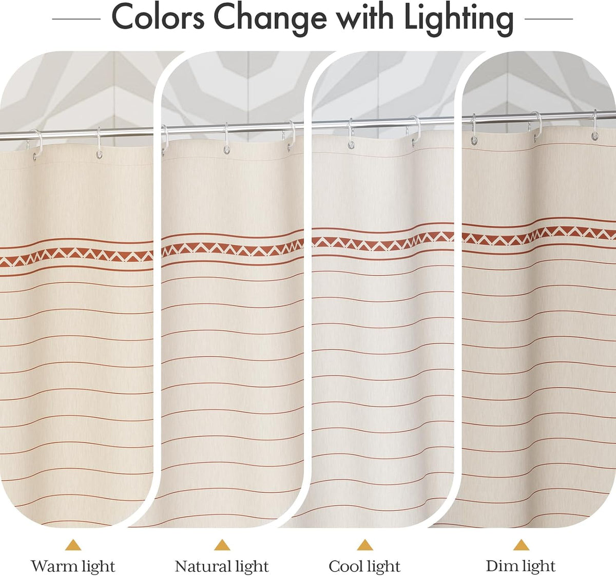 Boho Shower Curtain, Modern Farmhouse Shower Curtain Set with Tassels, Rustic Faux Linen Green Striped Shower Curtain with Hooks, Light Tan Toned, 72x72 Inches