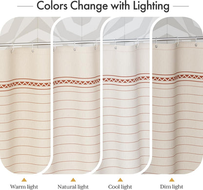 Boho Shower Curtain, Modern Farmhouse Shower Curtain Set with Tassels, Rustic Faux Linen Green Striped Shower Curtain with Hooks, Light Tan Toned, 72x72 Inches