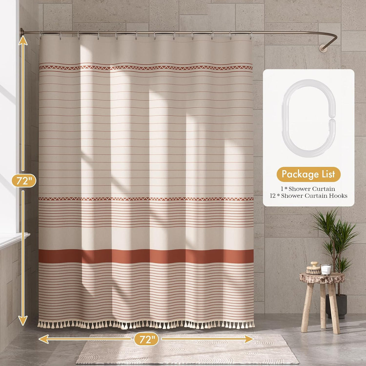 Boho Shower Curtain, Modern Farmhouse Shower Curtain Set with Tassels, Rustic Faux Linen Green Striped Shower Curtain with Hooks, Light Tan Toned, 72x72 Inches