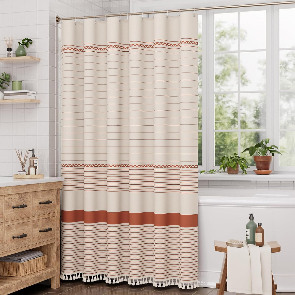 Boho Shower Curtain, Modern Farmhouse Shower Curtain Set with Tassels, Rustic Faux Linen Green Striped Shower Curtain with Hooks, Light Tan Toned, 72x72 Inches