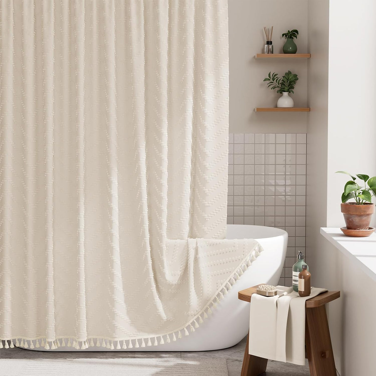 Boho Shower Curtain, Modern Farmhouse Shower Curtain Set with Tassels, Rustic Faux Linen Green Striped Shower Curtain with Hooks, Light Tan Toned, 72x72 Inches
