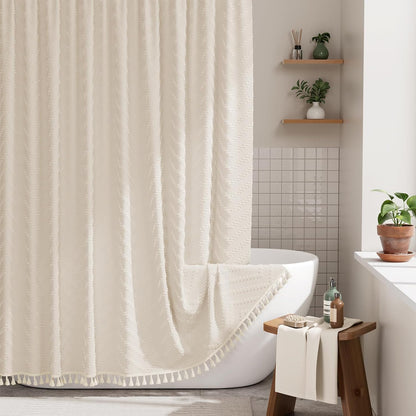 Boho Shower Curtain, Modern Farmhouse Shower Curtain Set with Tassels, Rustic Faux Linen Green Striped Shower Curtain with Hooks, Light Tan Toned, 72x72 Inches