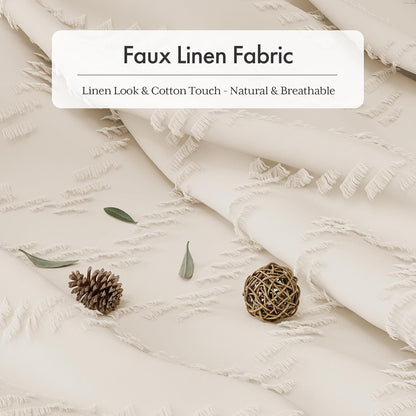 Boho Shower Curtain, Modern Farmhouse Shower Curtain Set with Tassels, Rustic Faux Linen Green Striped Shower Curtain with Hooks, Light Tan Toned, 72x72 Inches