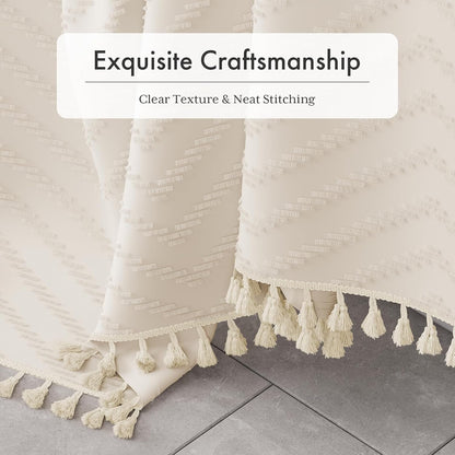 Boho Shower Curtain, Modern Farmhouse Shower Curtain Set with Tassels, Rustic Faux Linen Green Striped Shower Curtain with Hooks, Light Tan Toned, 72x72 Inches