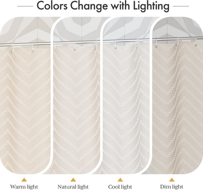 Boho Shower Curtain, Modern Farmhouse Shower Curtain Set with Tassels, Rustic Faux Linen Green Striped Shower Curtain with Hooks, Light Tan Toned, 72x72 Inches