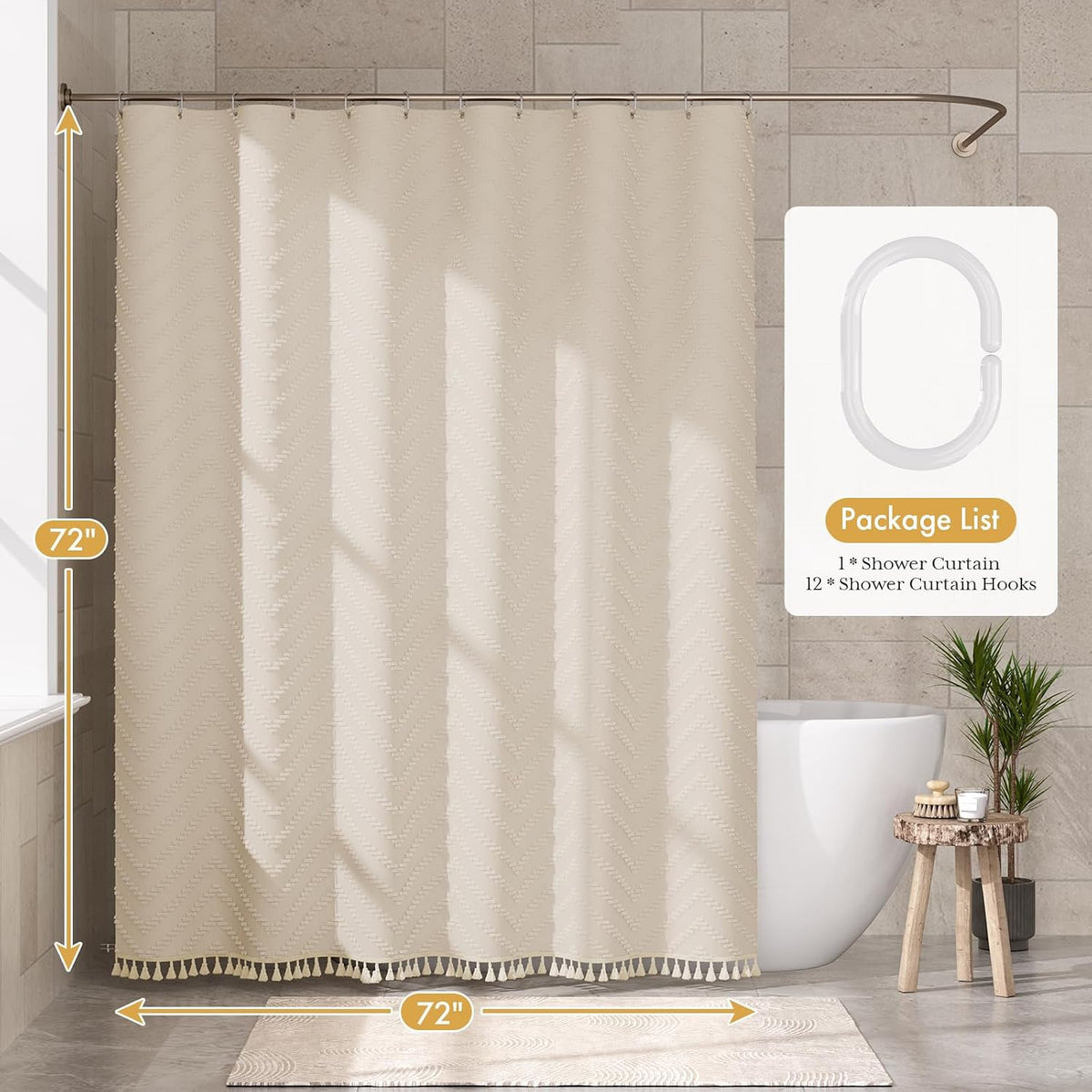 Boho Shower Curtain, Modern Farmhouse Shower Curtain Set with Tassels, Rustic Faux Linen Green Striped Shower Curtain with Hooks, Light Tan Toned, 72x72 Inches
