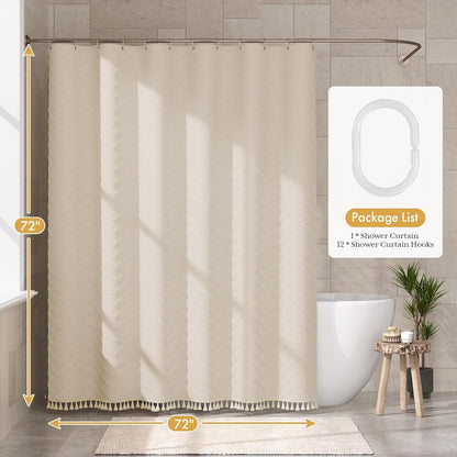 Boho Shower Curtain, Modern Farmhouse Shower Curtain Set with Tassels, Rustic Faux Linen Green Striped Shower Curtain with Hooks, Light Tan Toned, 72x72 Inches