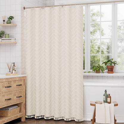 Boho Shower Curtain, Modern Farmhouse Shower Curtain Set with Tassels, Rustic Faux Linen Green Striped Shower Curtain with Hooks, Light Tan Toned, 72x72 Inches