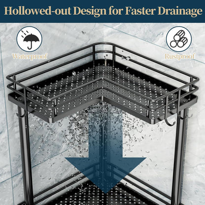 Corner Shower Caddy Standing - 3-Tier Stainless Steel Shower Organizer with Soap Holder and 4 Hooks, Large Capacity Corner Shelf Stand for Bathroom, Rest Room, Black