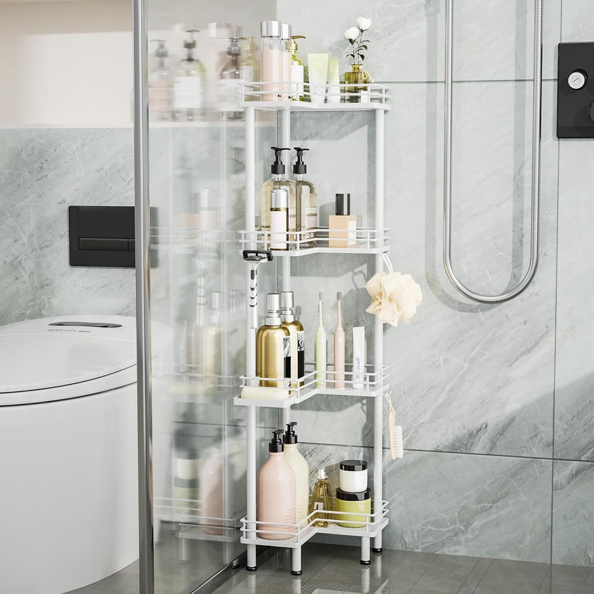 Corner Shower Caddy Standing - 3-Tier Stainless Steel Shower Organizer with Soap Holder and 4 Hooks, Large Capacity Corner Shelf Stand for Bathroom, Rest Room, Black