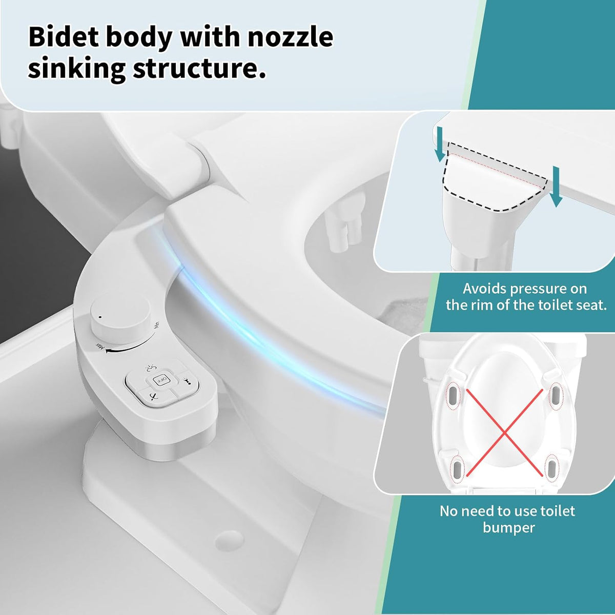 Bidet Attachment for Toilet, Dual Nozzle (Frontal and Rear Wash) Non-Electric Fresh Water Toilet Seat Attachment with Nozzle Self Cleaning, Adjustable Water Pressure(Chrome Silver)
