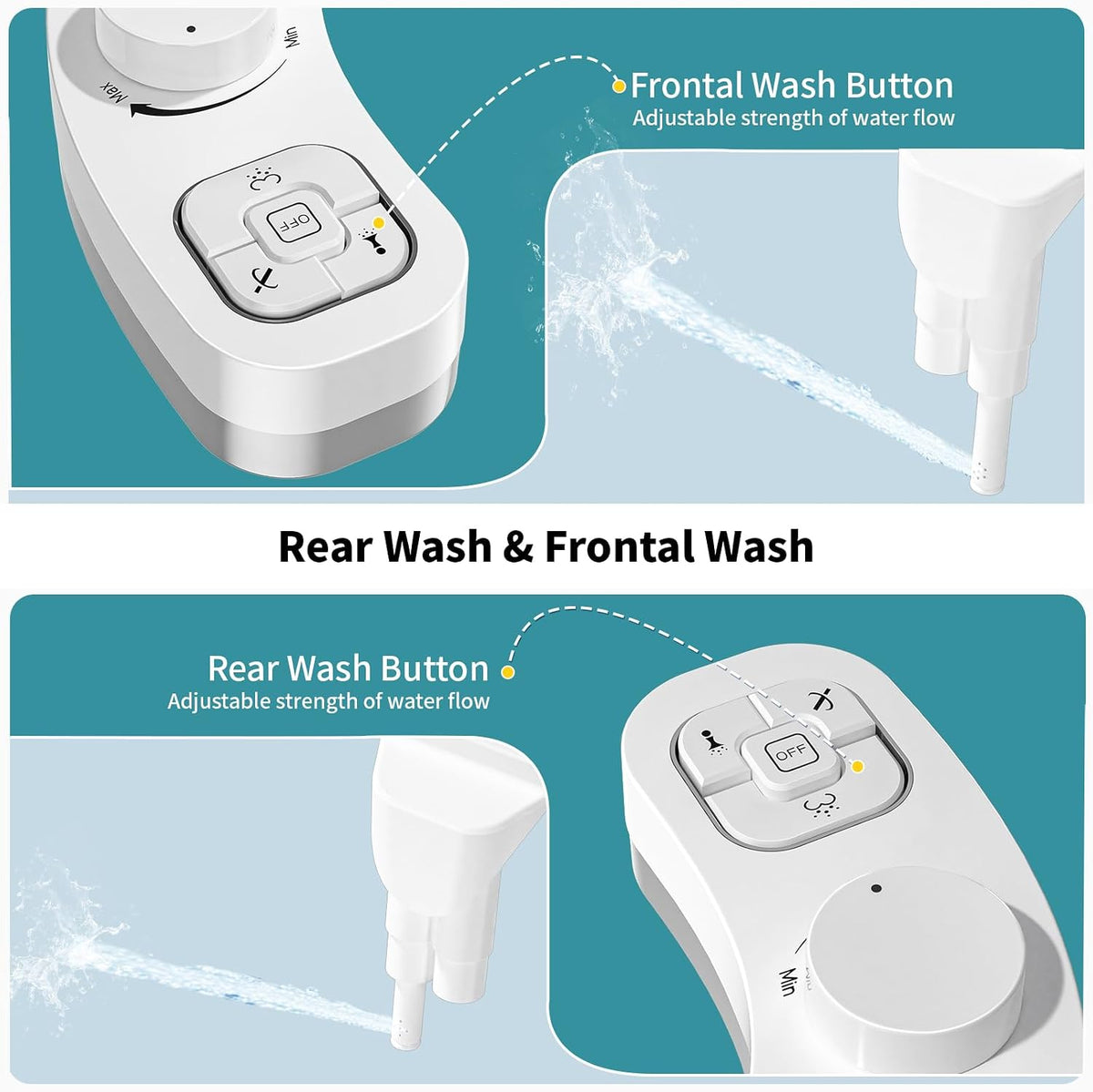 Bidet Attachment for Toilet, Dual Nozzle (Frontal and Rear Wash) Non-Electric Fresh Water Toilet Seat Attachment with Nozzle Self Cleaning, Adjustable Water Pressure(Chrome Silver)