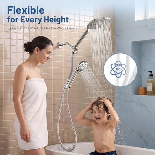 Dual Handheld Shower Head Combo, 2-in-1 Rain Shower Heads System 8 Inch Rainfall Shower Head and 10 Modes High Pressure Hand Held Showerhead with Built-in Power Wash