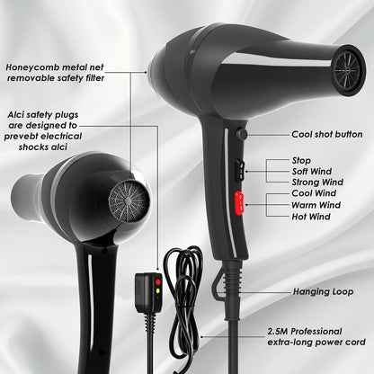Hair Dryer Professional Ionic Salon Hair Dryer 2400W Powerful Fast-Drying Blue Light Ionic Hair Dryers with Diffuser, AC Motor Constant Temperature Quiet Ion Dryers for Women Men