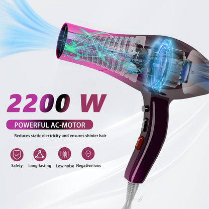 Hair Dryer Professional Ionic Salon Hair Dryer 2400W Powerful Fast-Drying Blue Light Ionic Hair Dryers with Diffuser, AC Motor Constant Temperature Quiet Ion Dryers for Women Men