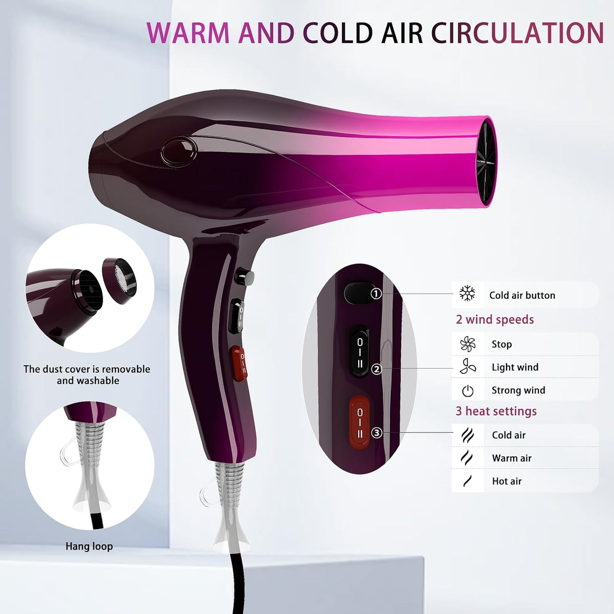 Hair Dryer Professional Ionic Salon Hair Dryer 2400W Powerful Fast-Drying Blue Light Ionic Hair Dryers with Diffuser, AC Motor Constant Temperature Quiet Ion Dryers for Women Men