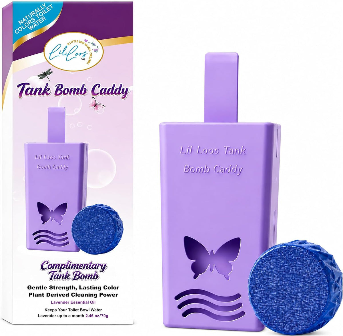 Toilet Tank Bomb & Caddy Automatic Drop-In Toilet Tank Freshener with Lavender Essential Oil Scent, Naturally Colored Lavender Water for Up to 30 Days Utility Patented Design (1 Bomb + Caddy)