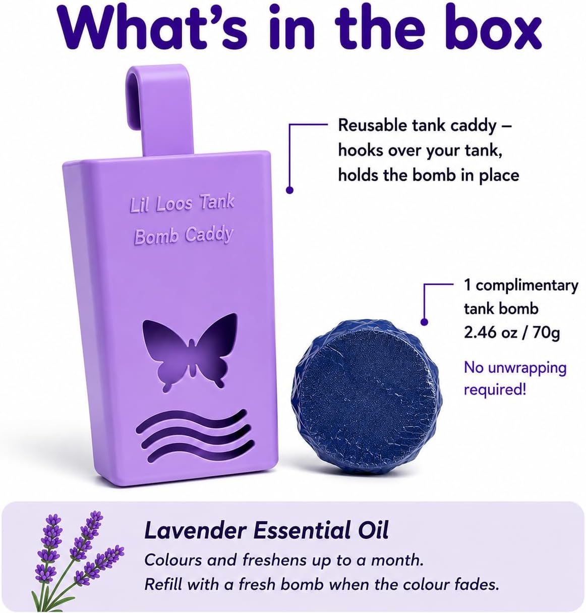 Toilet Tank Bomb & Caddy Automatic Drop-In Toilet Tank Freshener with Lavender Essential Oil Scent, Naturally Colored Lavender Water for Up to 30 Days Utility Patented Design (1 Bomb + Caddy)